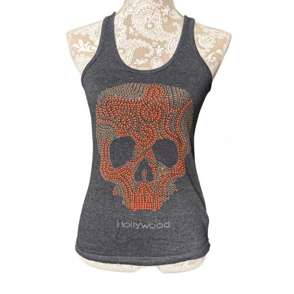 Hollywood Skull Rhinestone Tank Top Gray Racerback Rock Graphic Tee M - Picture 2 of 5